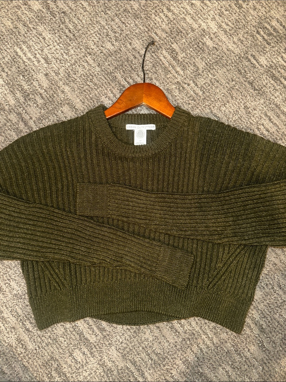 Urban Outfitters Dark Olive Ribbed Cropped Crewneck Sweater